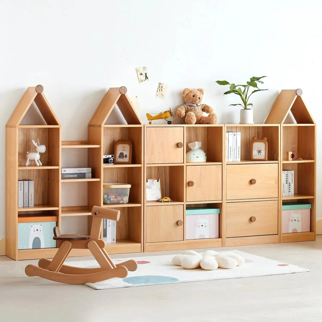 Scandinavian wood kids bookshelf house in details.