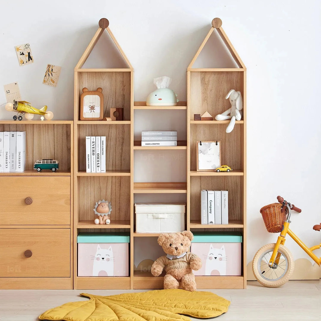 Scandinavian wood kids bookshelf house with context.