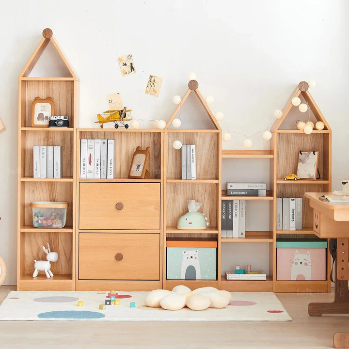 Scandinavian wood kids bookshelf house in panoramic view.