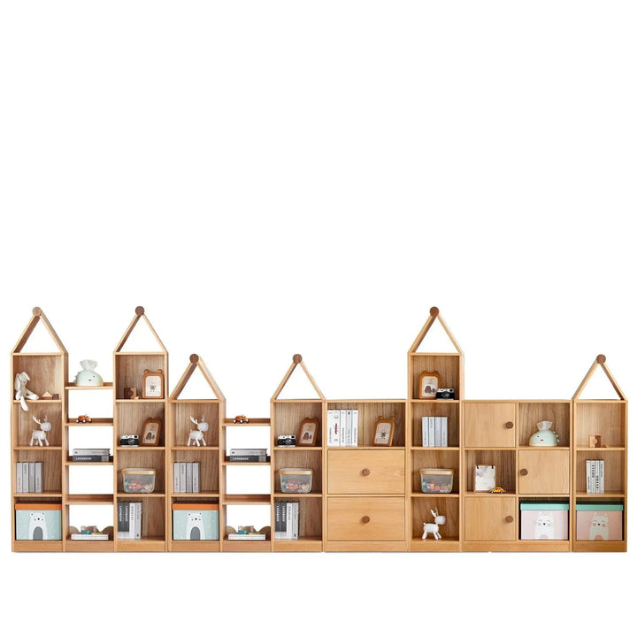 Scandinavian wood kids bookshelf house in white background.
