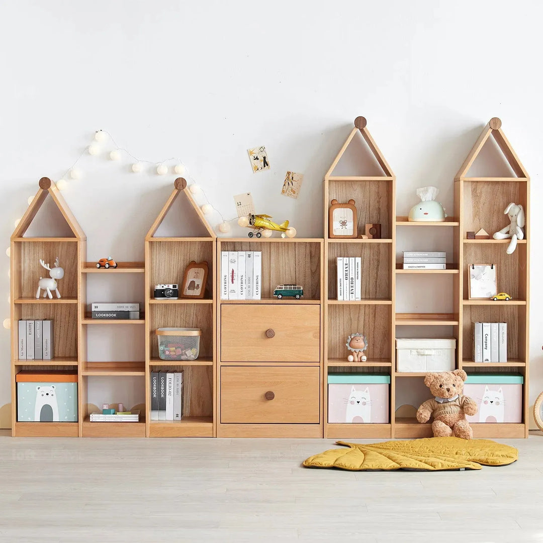 Scandinavian wood kids bookshelf house in real life style.