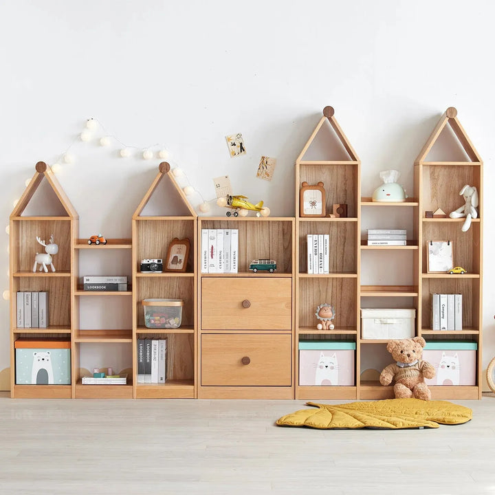Scandinavian wood kids bookshelf house in real life style.