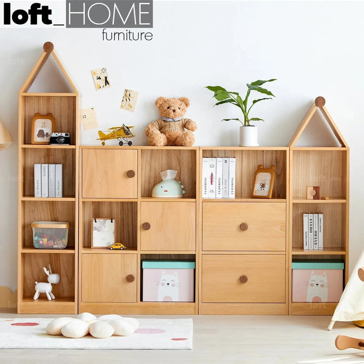 Scandinavian wood kids bookshelf house primary product view.