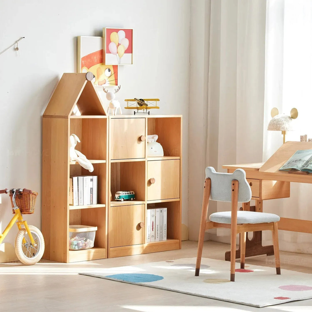 Scandinavian wood kids bookshelf house material variants.