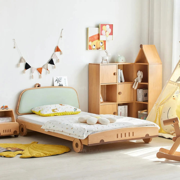 Scandinavian wood kids bookshelf house color swatches.