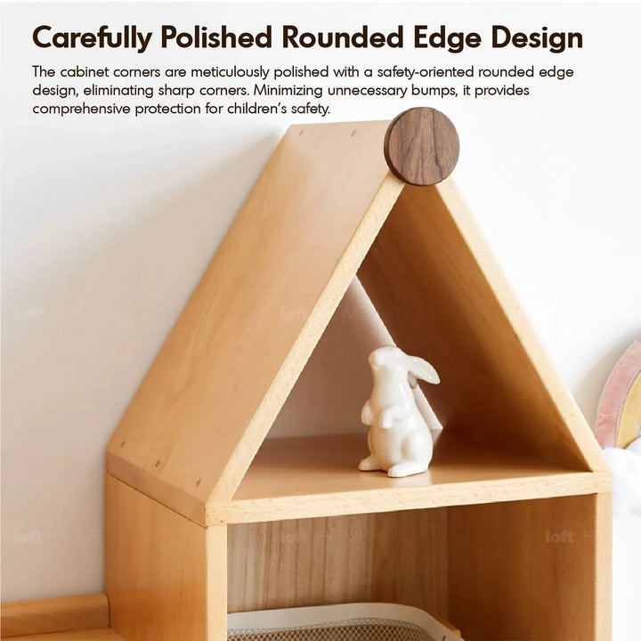 Scandinavian wood kids bookshelf house layered structure.