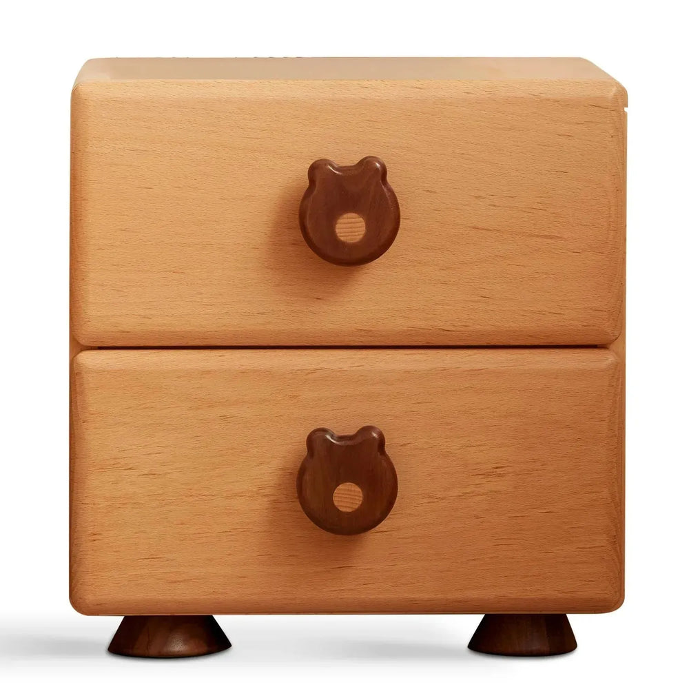 Scandinavian wood kids side table teddy in white background.