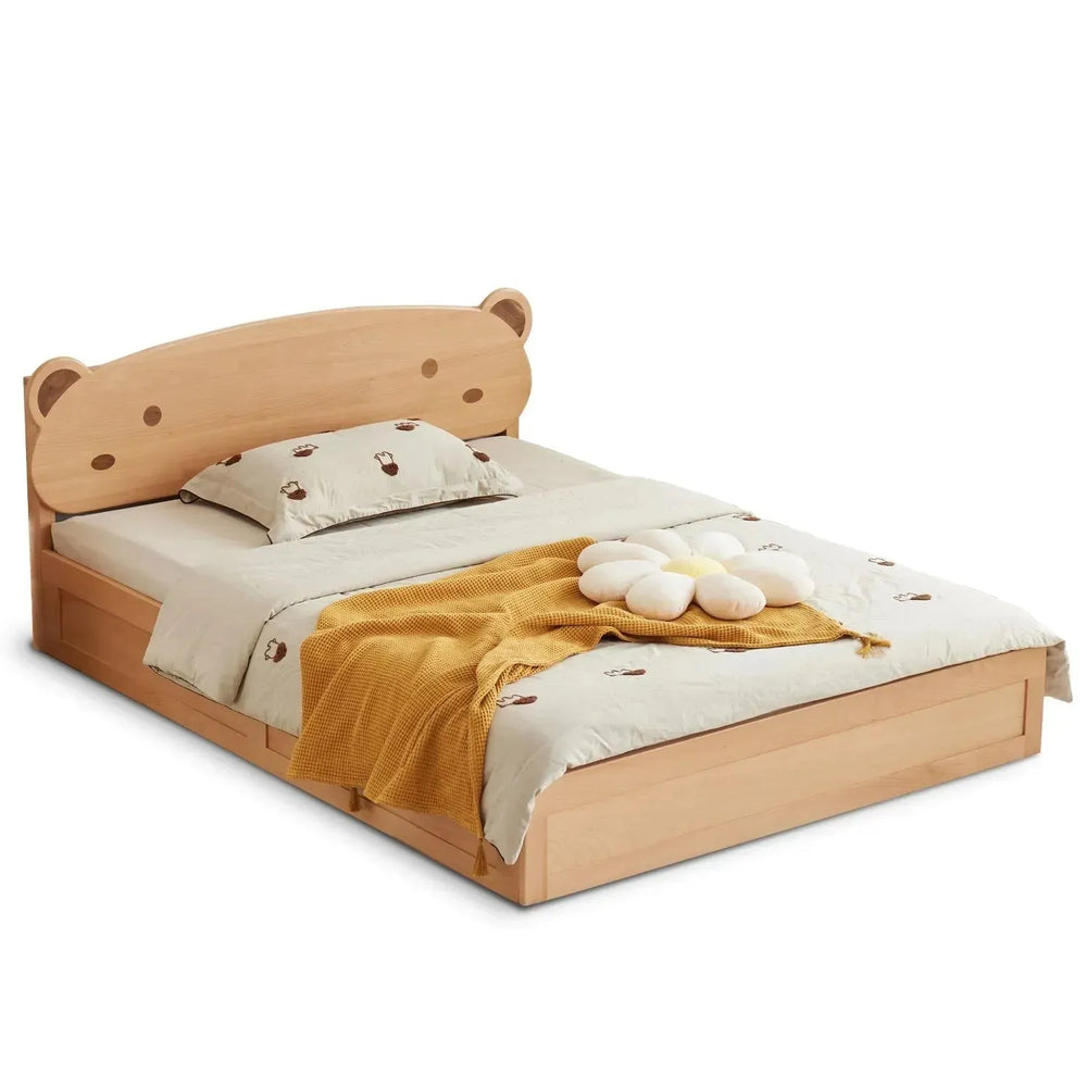 Scandinavian wood kids storage bed bear in white background.