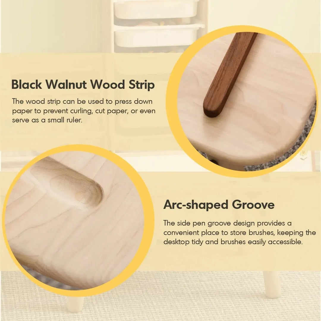 Scandinavian wood kids study table bliss in close up details.