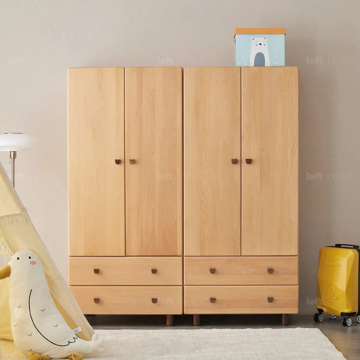 Scandinavian wood kids wardrobe bear with context.