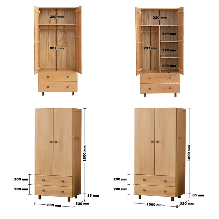 Scandinavian wood kids wardrobe bear size charts.