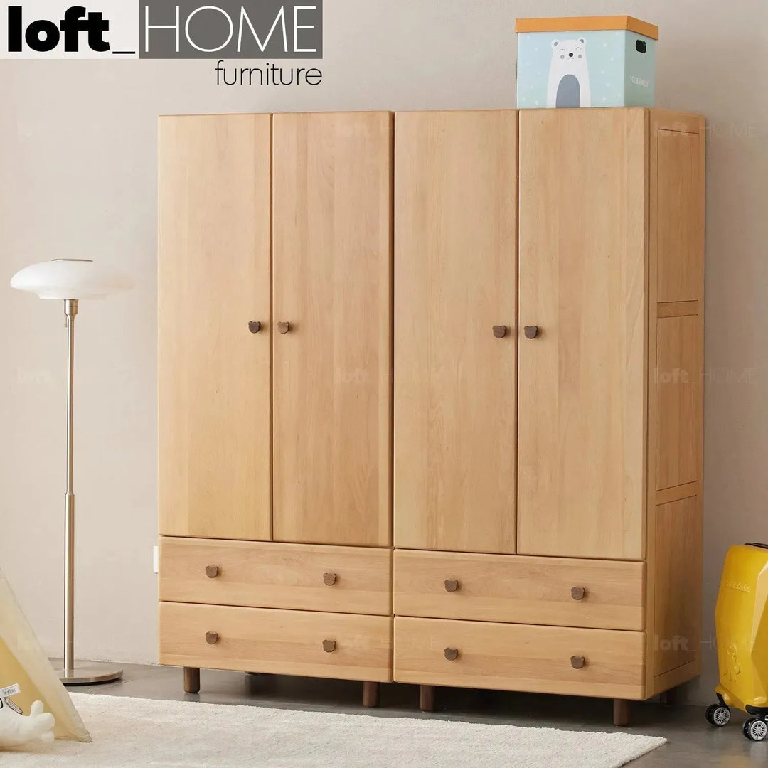 Scandinavian wood kids wardrobe bear primary product view.