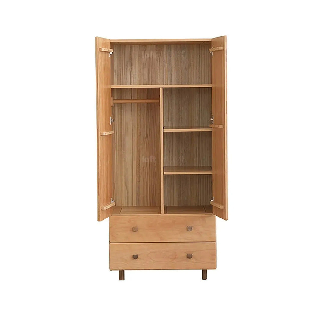 Scandinavian wood kids wardrobe bear in panoramic view.