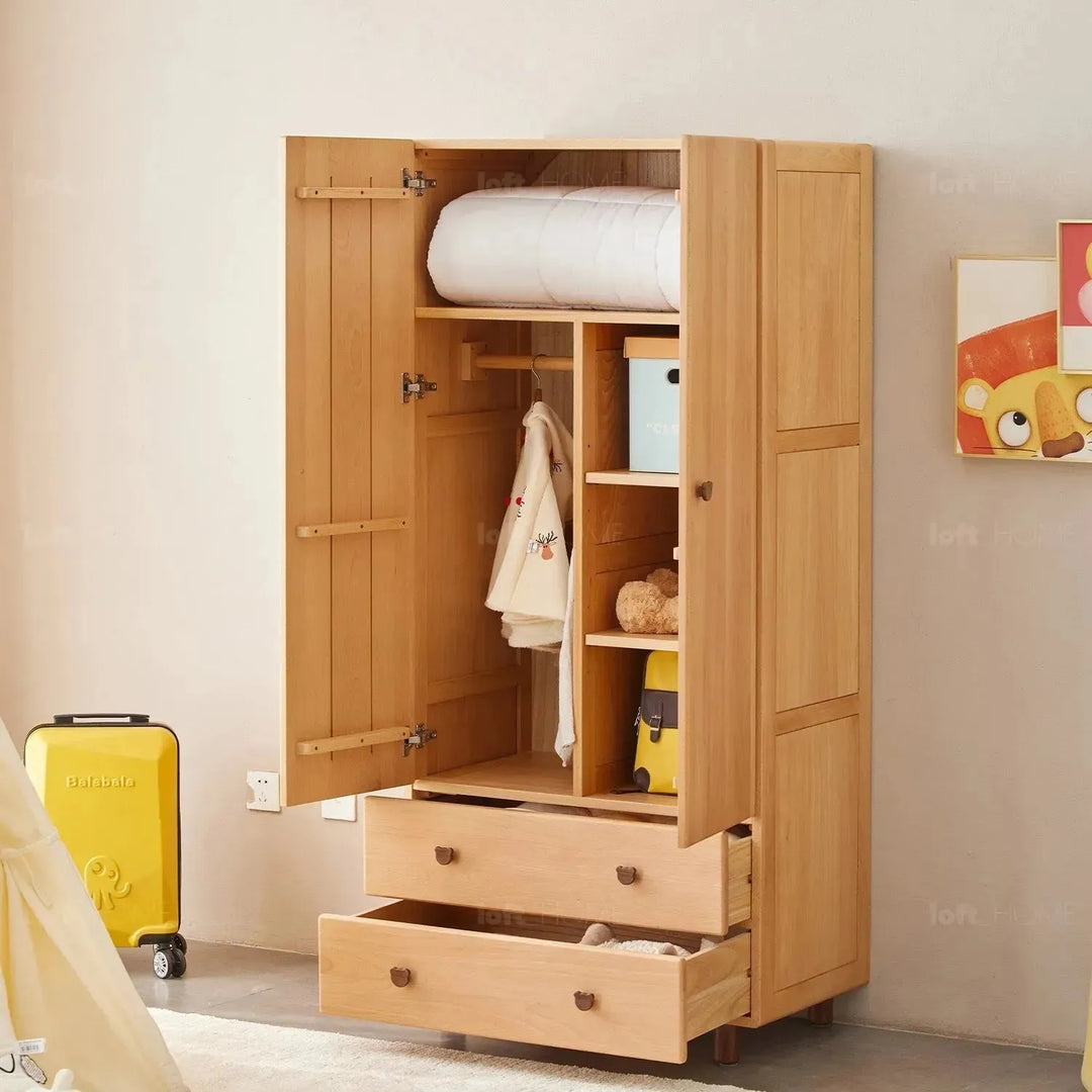 Scandinavian wood kids wardrobe bear material variants.