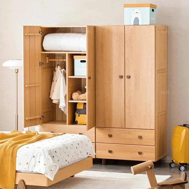 Scandinavian wood kids wardrobe bear in details.