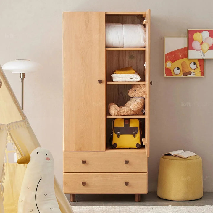 Scandinavian wood kids wardrobe bear in real life style.