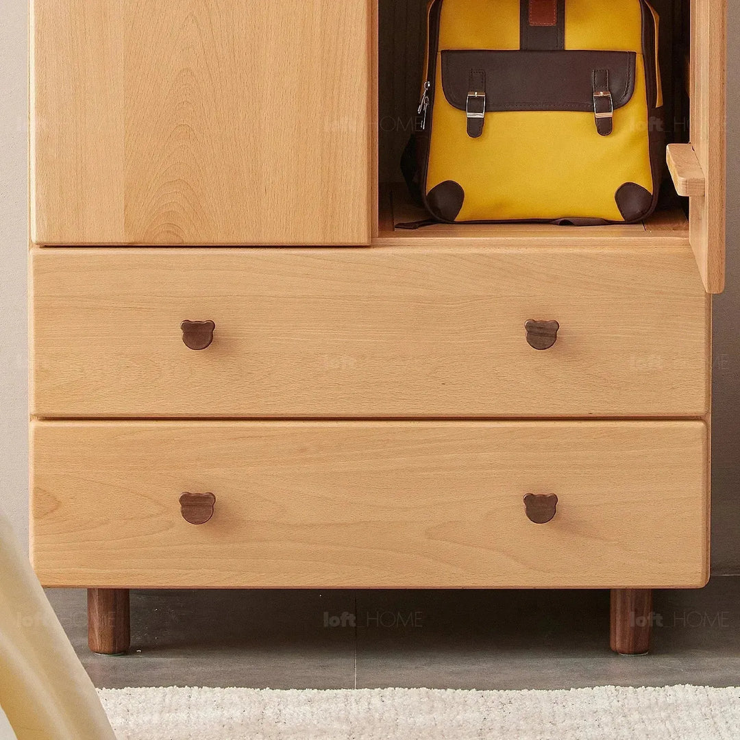 Scandinavian wood kids wardrobe bear layered structure.