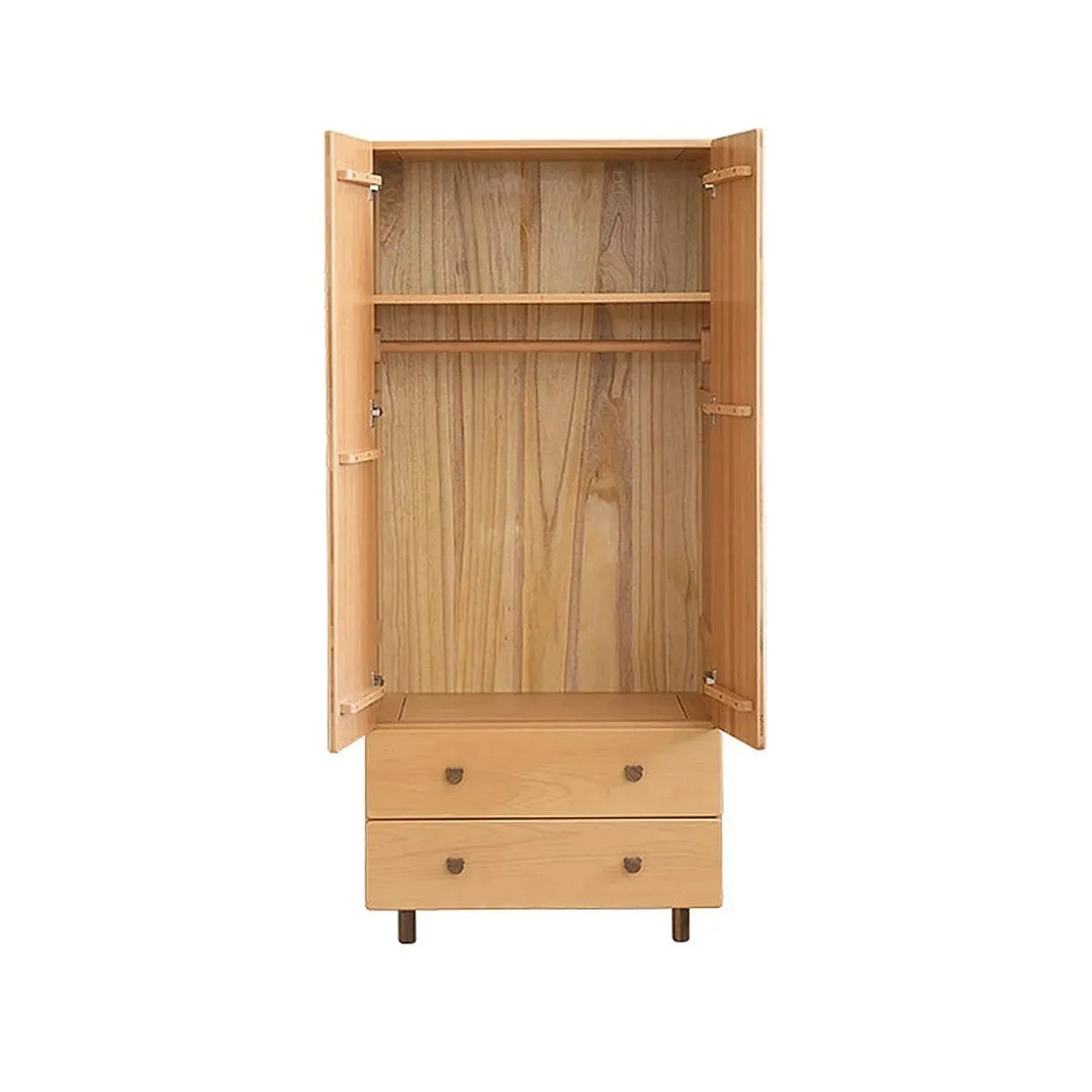 Scandinavian wood kids wardrobe bear in close up details.