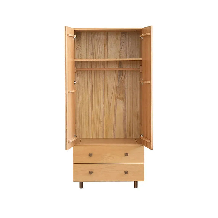 Scandinavian wood kids wardrobe bear in close up details.