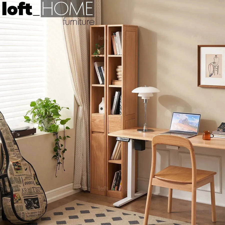 Scandinavian wood bookshelf corner fortune primary product view.