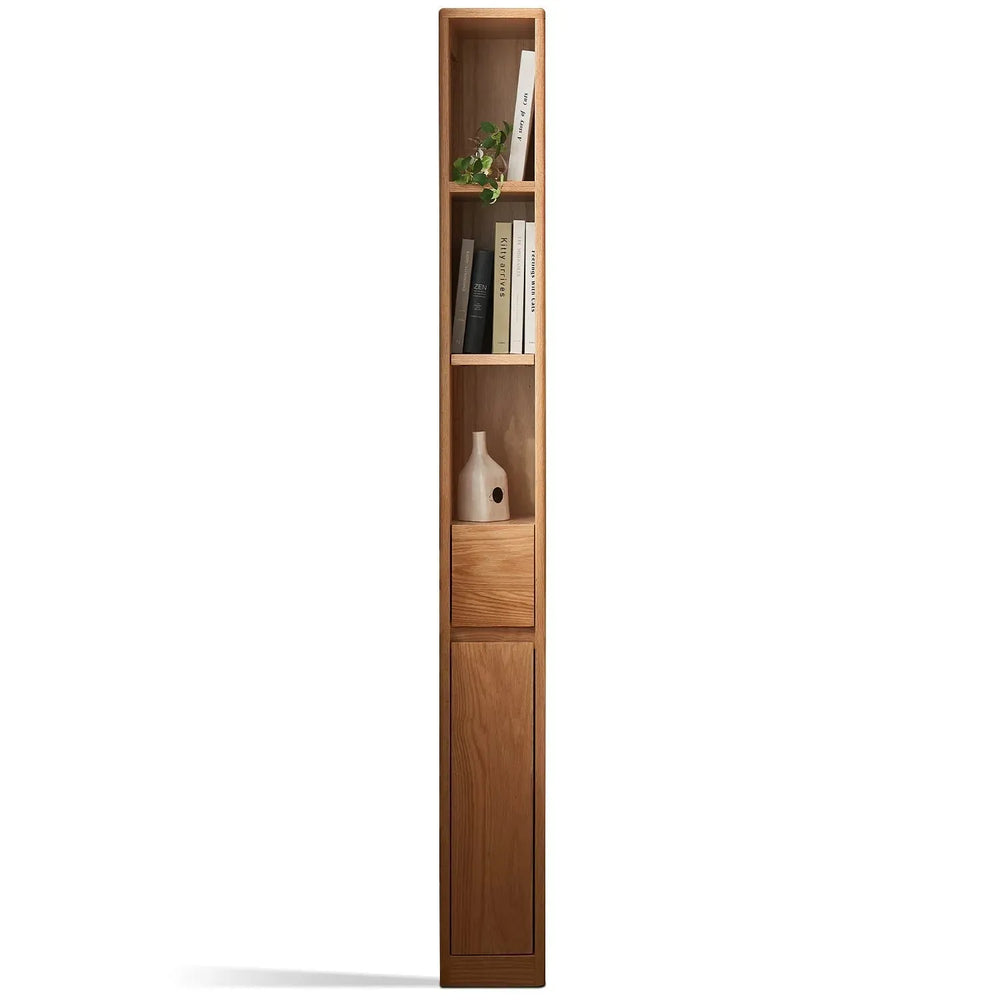Scandinavian wood bookshelf corner fortune in white background.