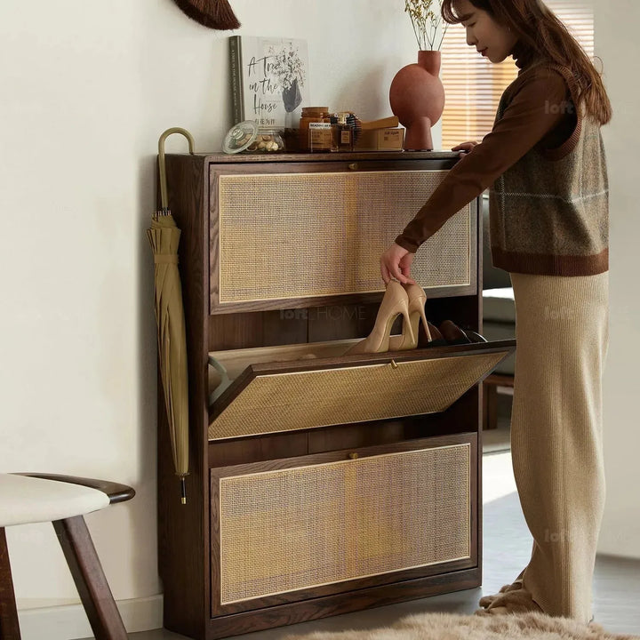 Scandinavian wood shoe cabinet vine weave detail 21.