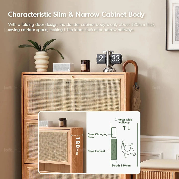 Scandinavian wood shoe cabinet vine weave with context.