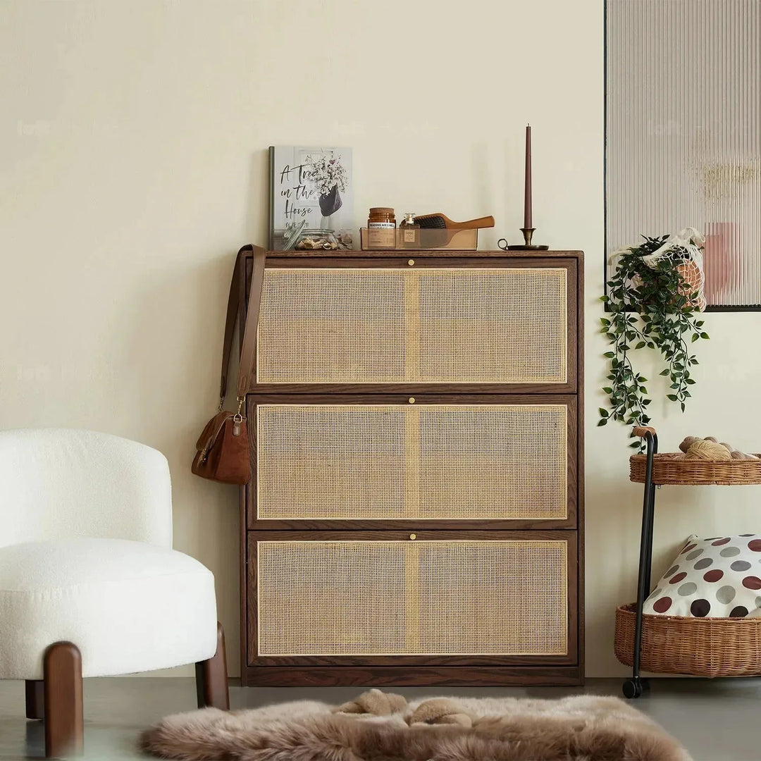 Scandinavian wood shoe cabinet vine weave detail 14.