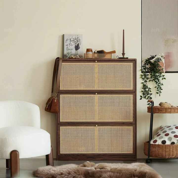 Scandinavian wood shoe cabinet vine weave detail 14.