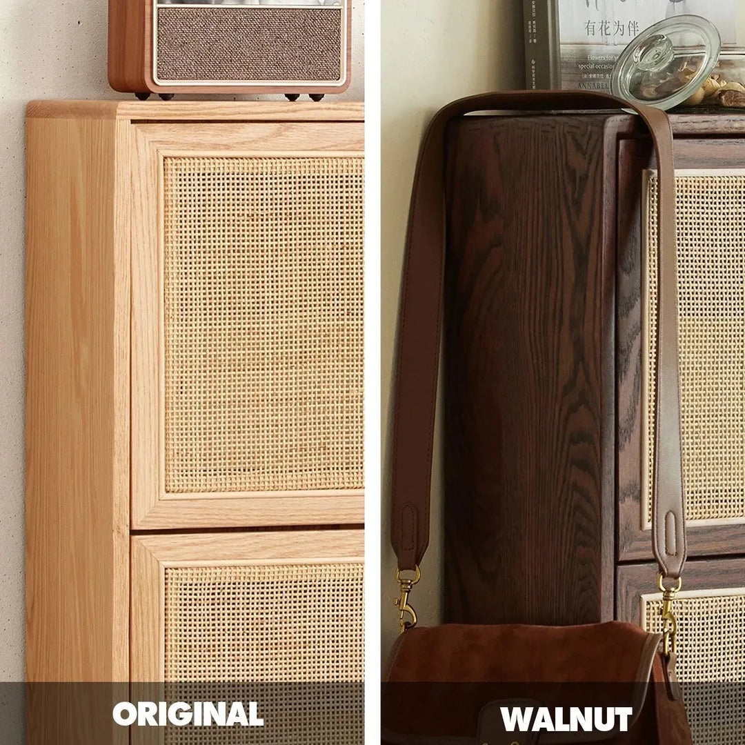 Scandinavian wood shoe cabinet vine weave color swatches.