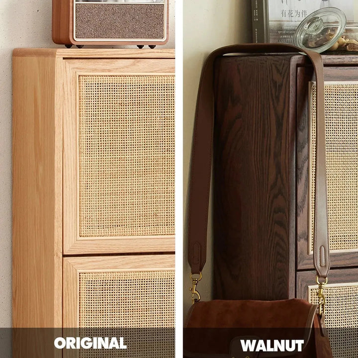 Scandinavian wood shoe cabinet vine weave color swatches.