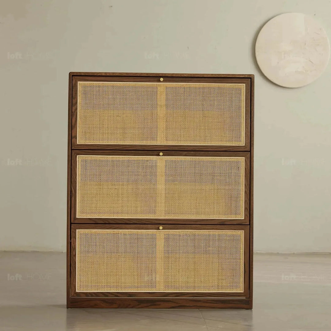 Scandinavian wood shoe cabinet vine weave detail 17.