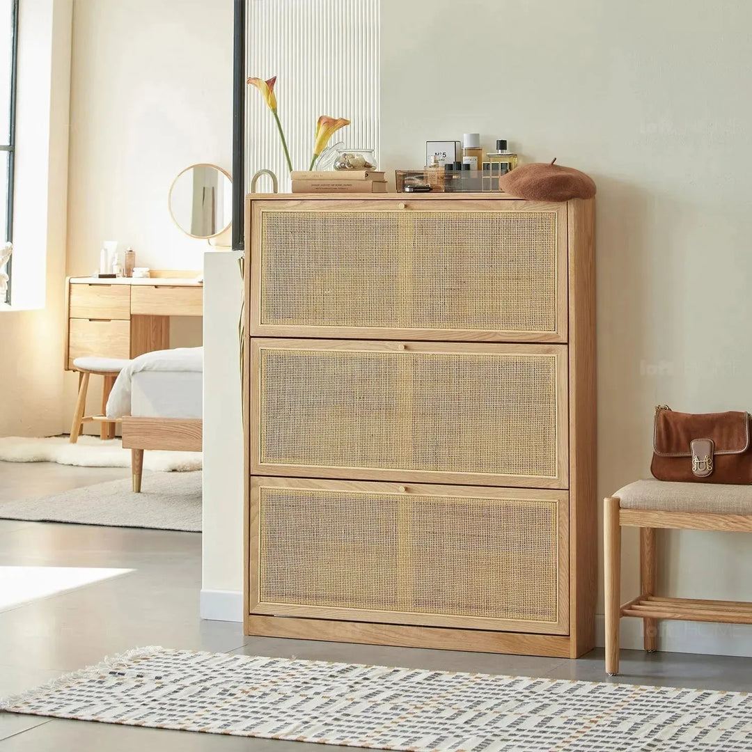 Scandinavian wood shoe cabinet vine weave detail 9.