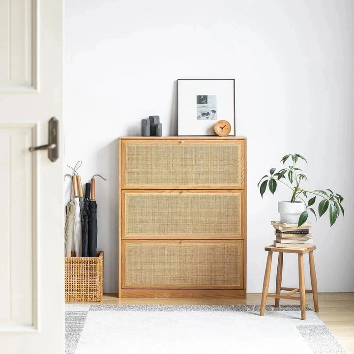 Scandinavian wood shoe cabinet vine weave detail 1.