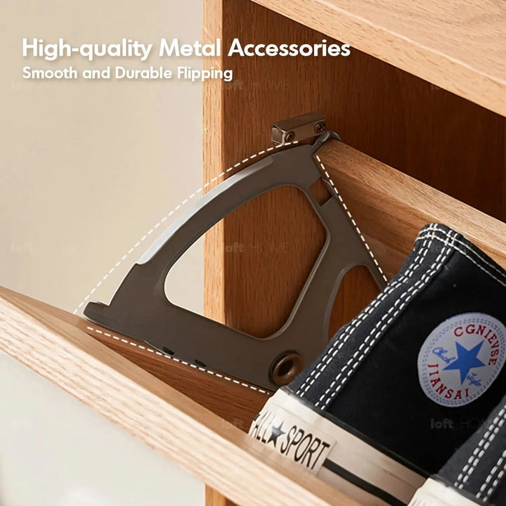 Scandinavian wood shoe cabinet vine weave in panoramic view.