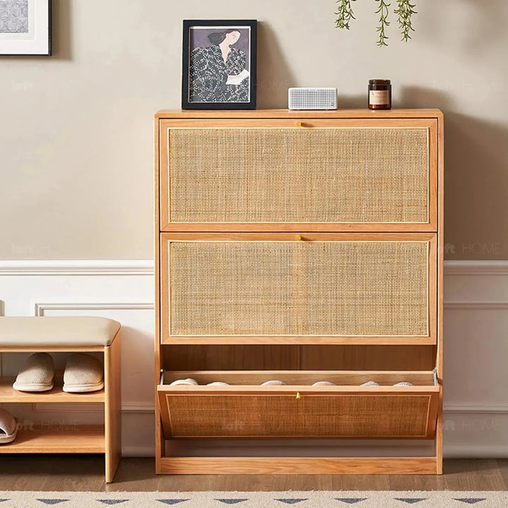 Scandinavian wood shoe cabinet vine weave detail 5.