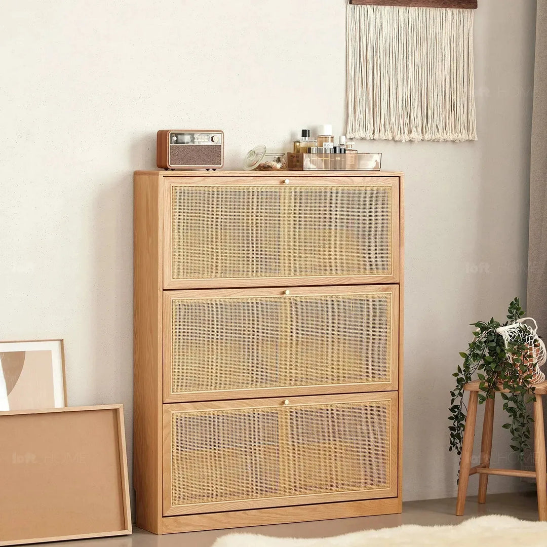 Scandinavian wood shoe cabinet vine weave detail 4.