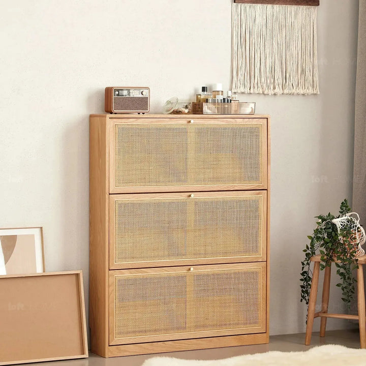 Scandinavian wood shoe cabinet vine weave detail 4.