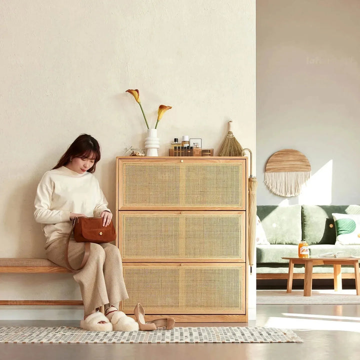 Scandinavian wood shoe cabinet vine weave detail 6.