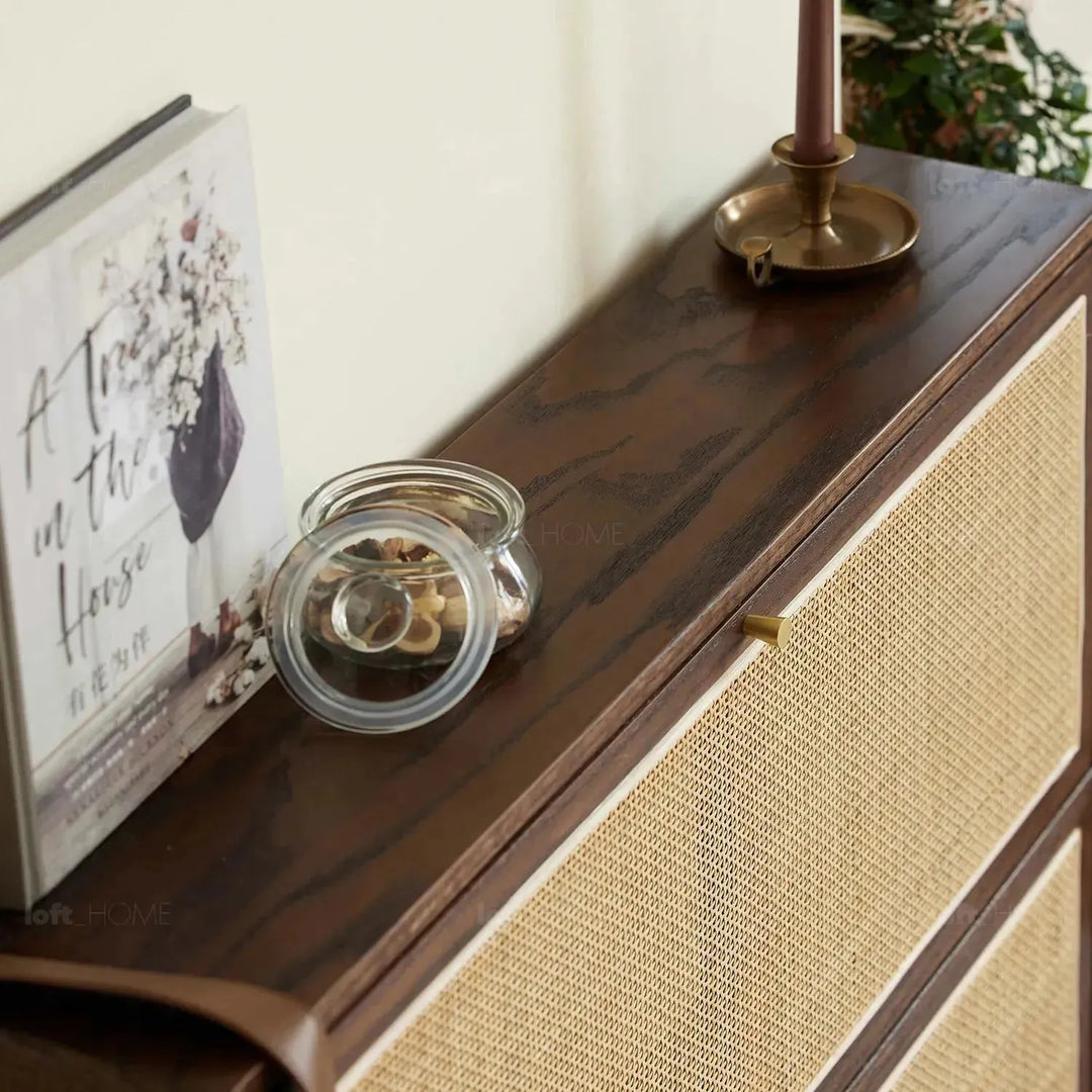 Scandinavian wood shoe cabinet vine weave detail 18.