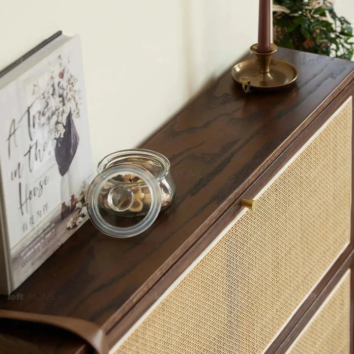 Scandinavian wood shoe cabinet vine weave detail 18.