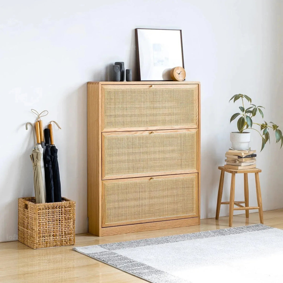 Scandinavian wood shoe cabinet vine weave detail 2.