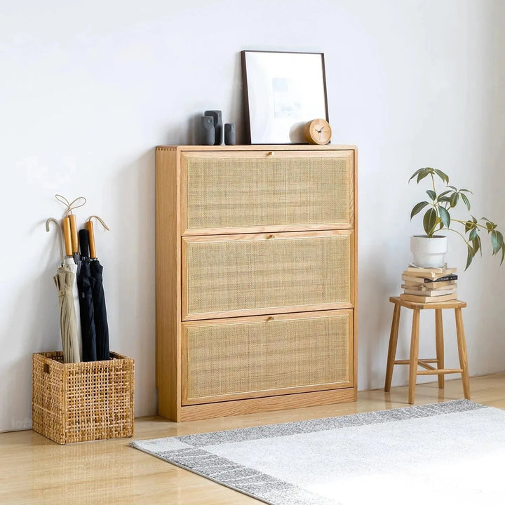 Scandinavian wood shoe cabinet vine weave detail 2.