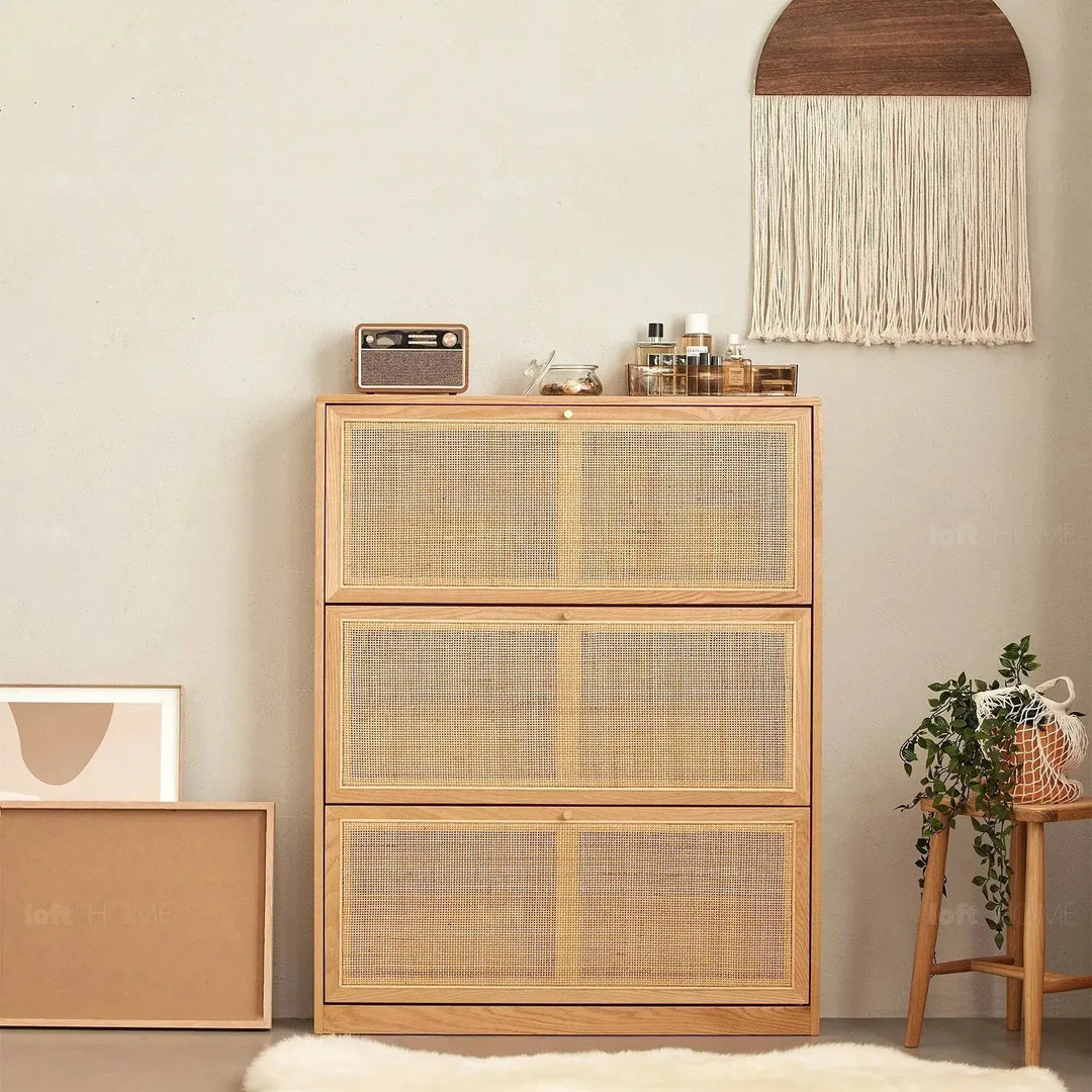 Scandinavian wood shoe cabinet vine weave detail 3.