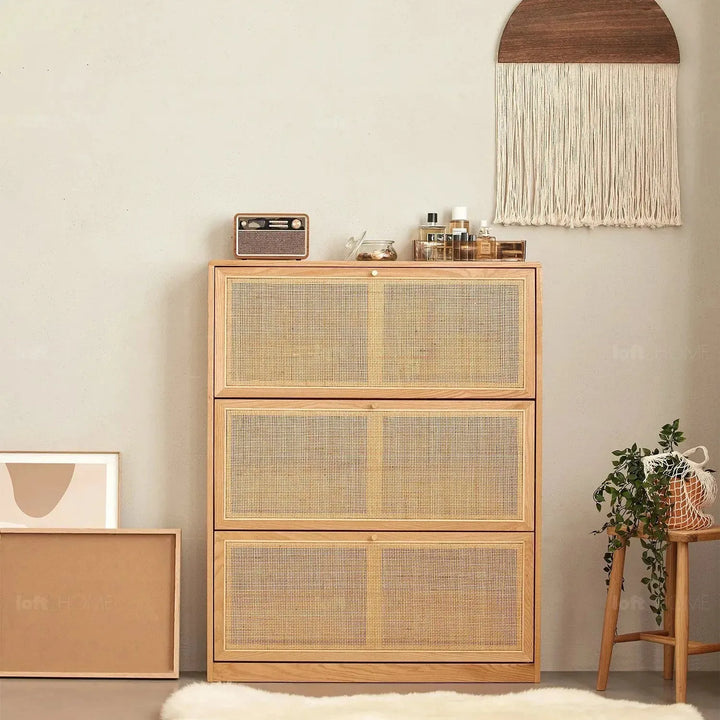 Scandinavian wood shoe cabinet vine weave detail 3.