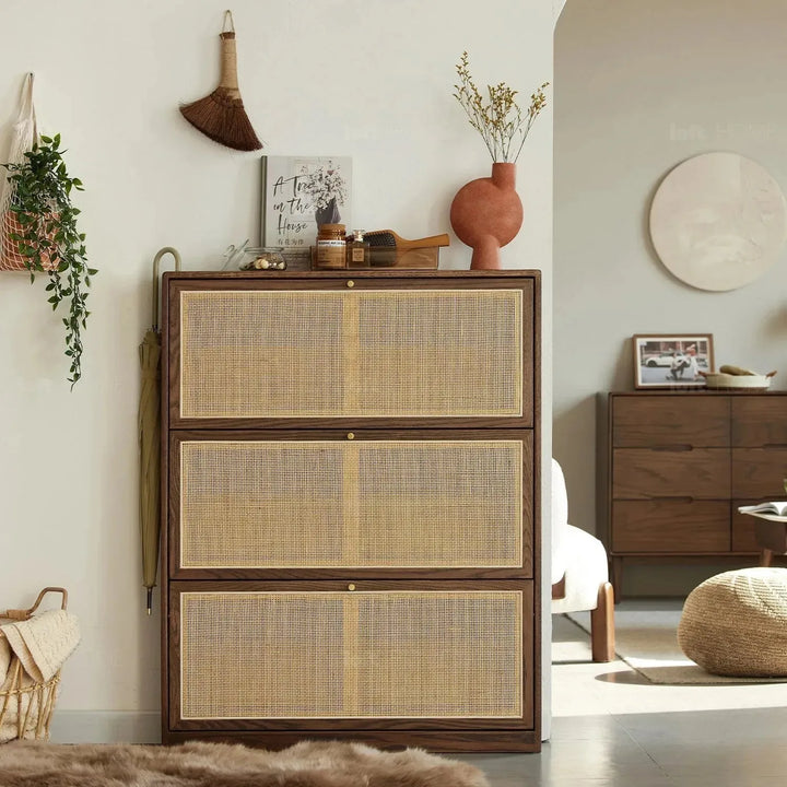 Scandinavian wood shoe cabinet vine weave detail 12.