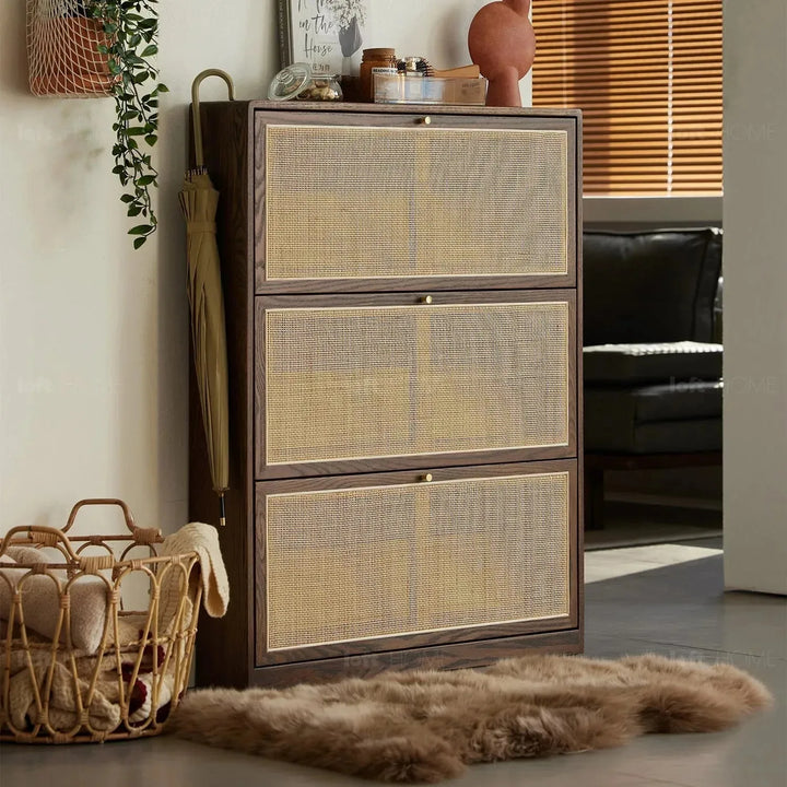 Scandinavian wood shoe cabinet vine weave detail 16.