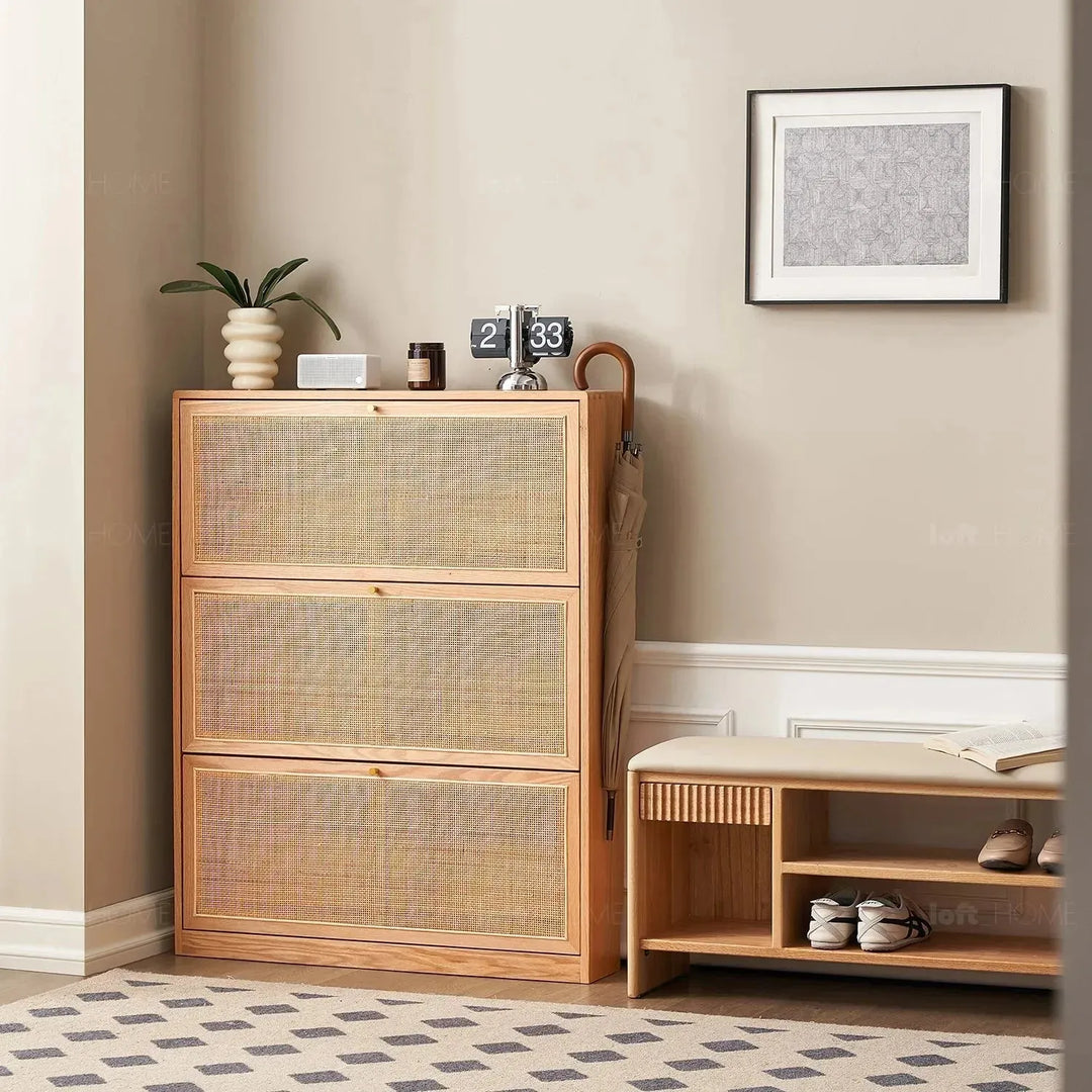 Scandinavian wood shoe cabinet vine weave layered structure.