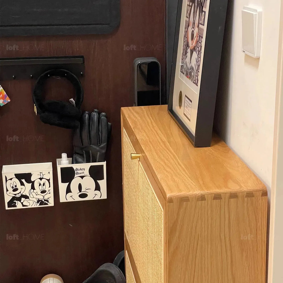 Scandinavian wood shoe cabinet vine weave detail 23.