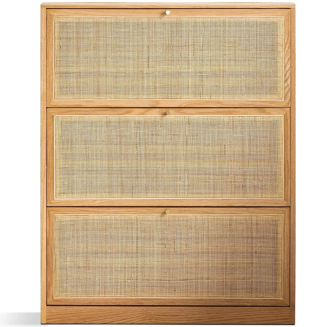 Scandinavian wood shoe cabinet vine weave in white background.